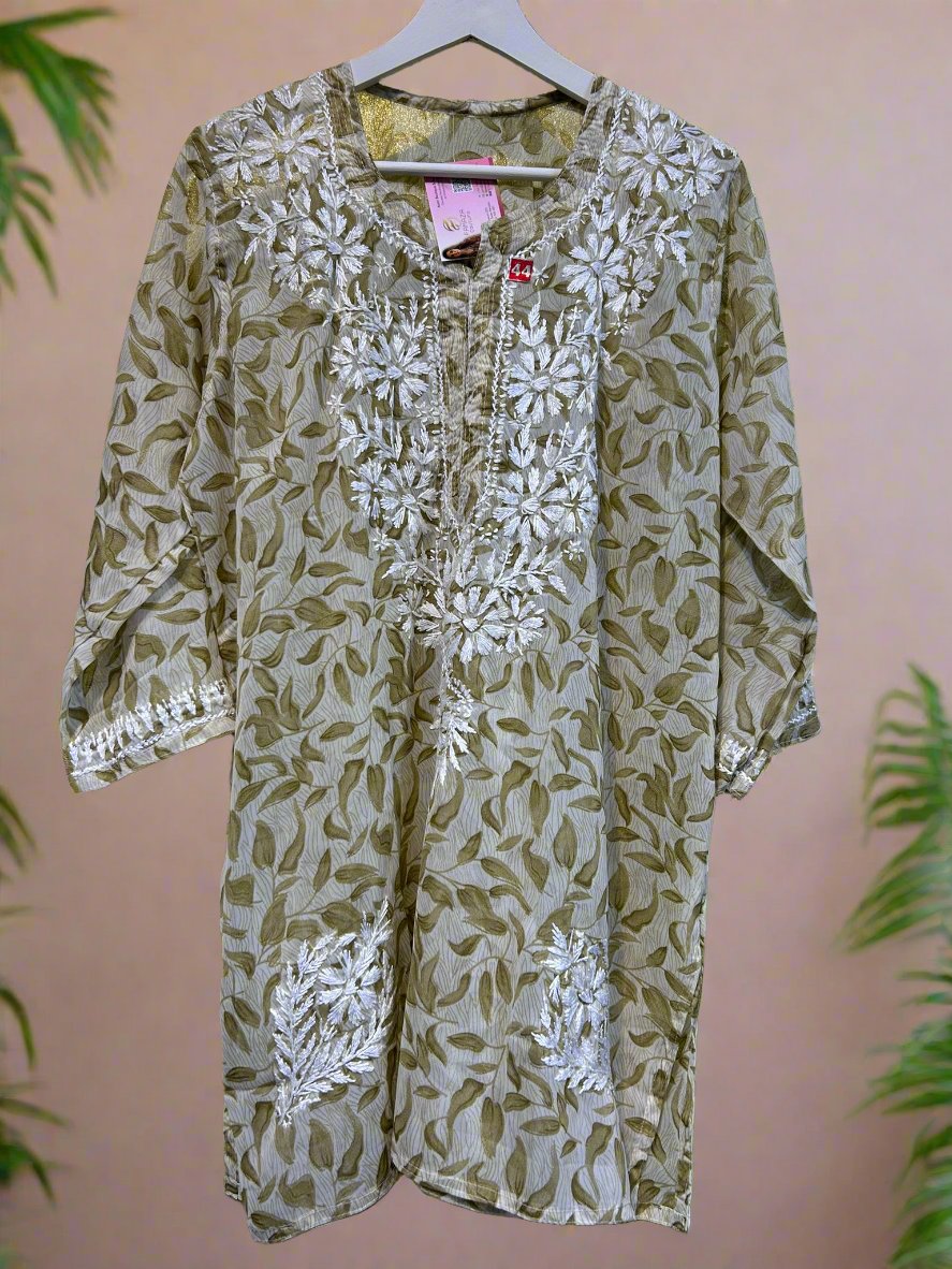 Chikankari Printed Leaves Short Kurti/Shirt/Top - Georgette - Ghass Patti work