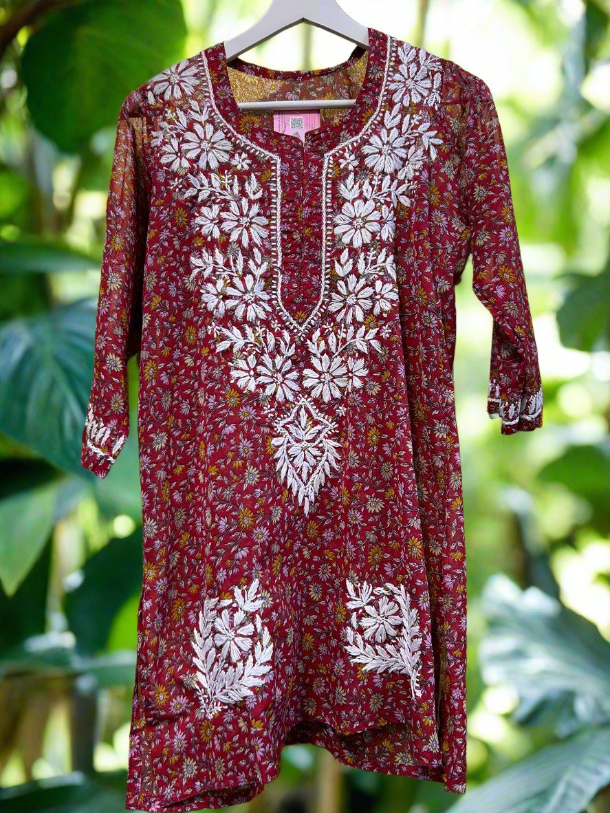 Chikankari Printed Heavy Floral - Short Kurti/Shirt/Top - Georgette - Ghass Patti work