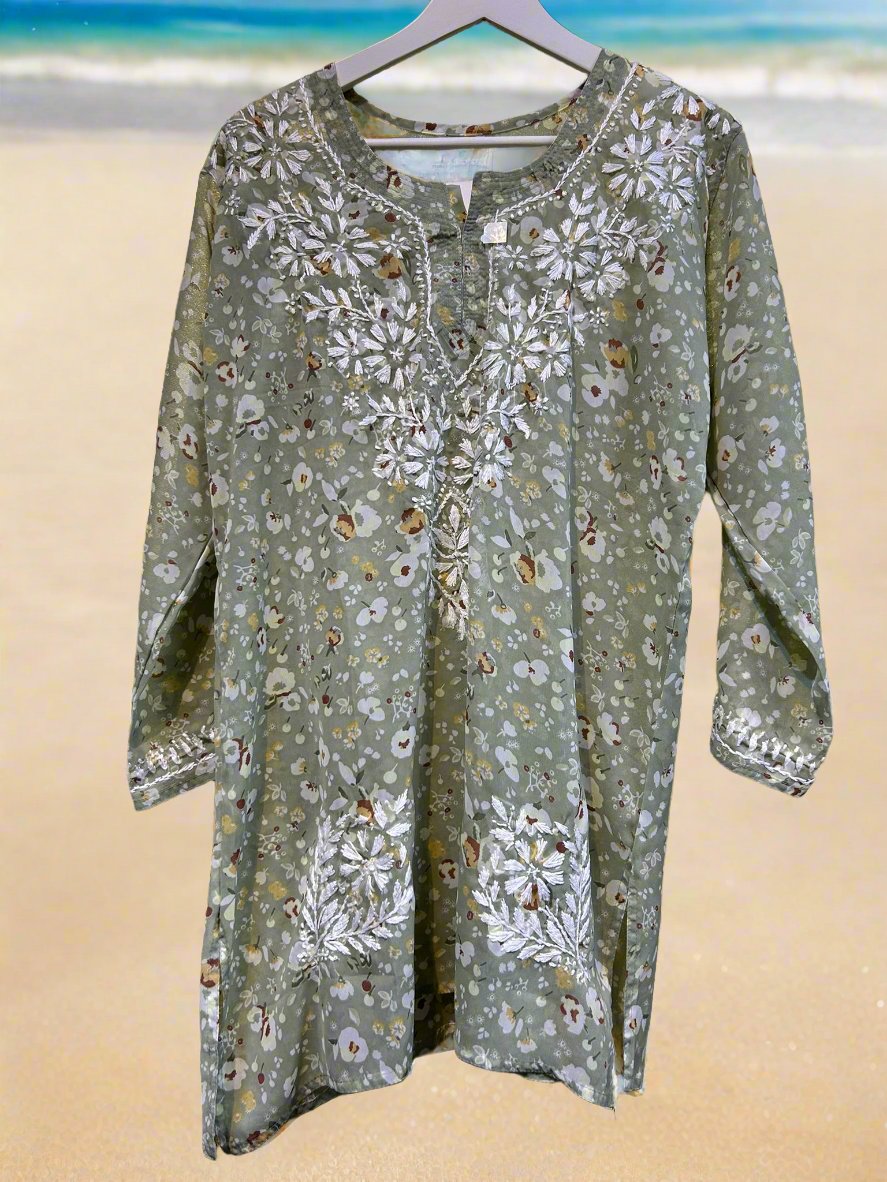 Chikankari Printed Gentle Floral - Short Kurti/Shirt/Top - Georgette - Ghass Patti work