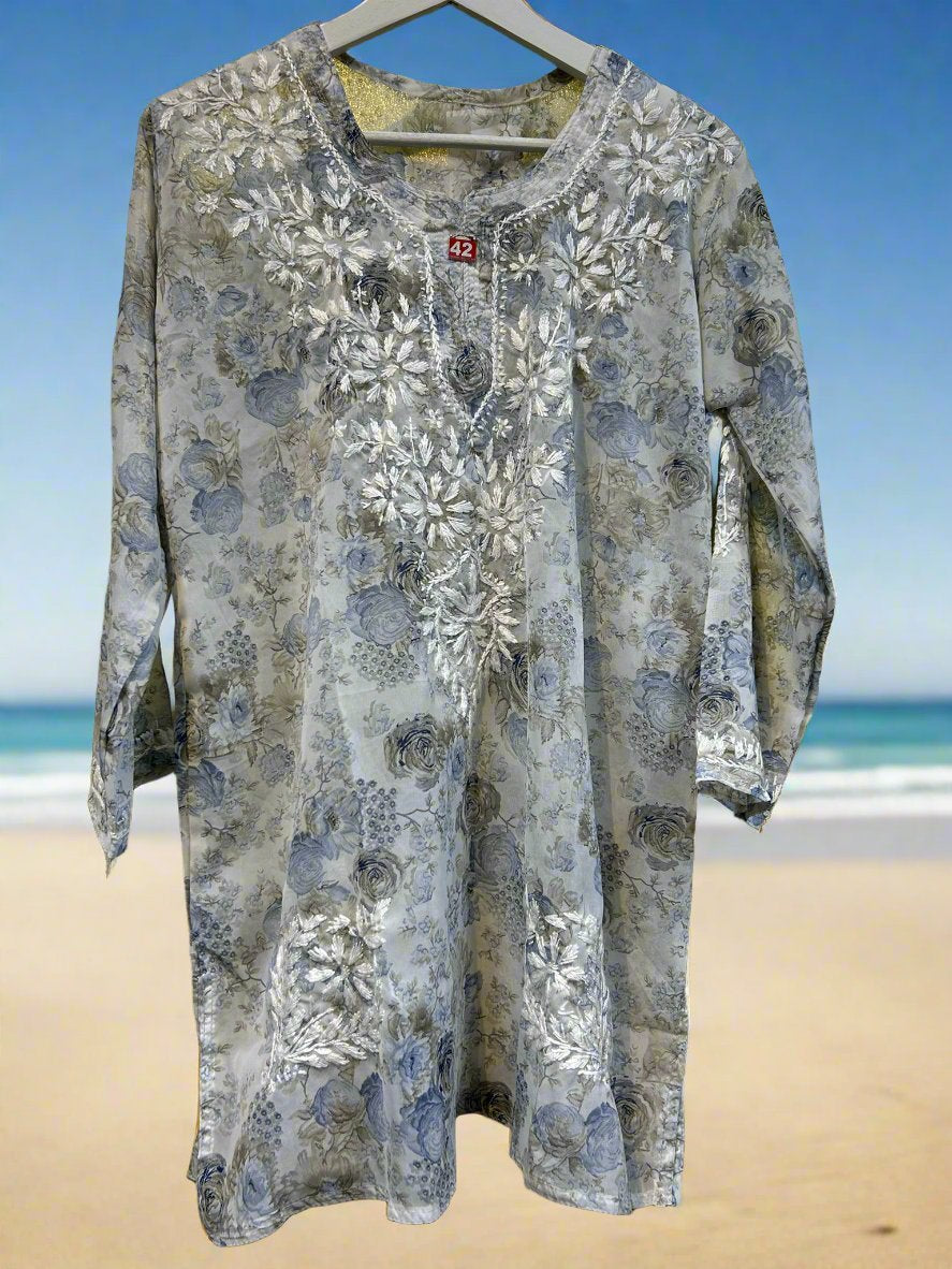 Chikankari Printed Large Floral - Short Kurti/Shirt/Top - Georgette - Ghass Patti work