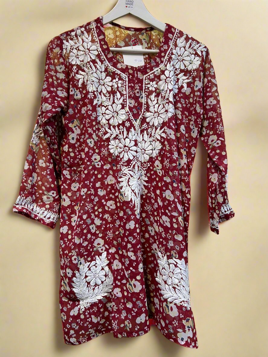 Chikankari Printed Gentle Floral - Short Kurti/Shirt/Top - Georgette - Ghass Patti work