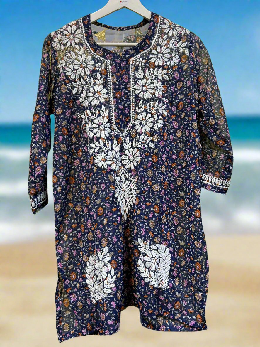 Chikankari Printed Heavy Floral - Short Kurti/Shirt/Top - Georgette - Ghass Patti work