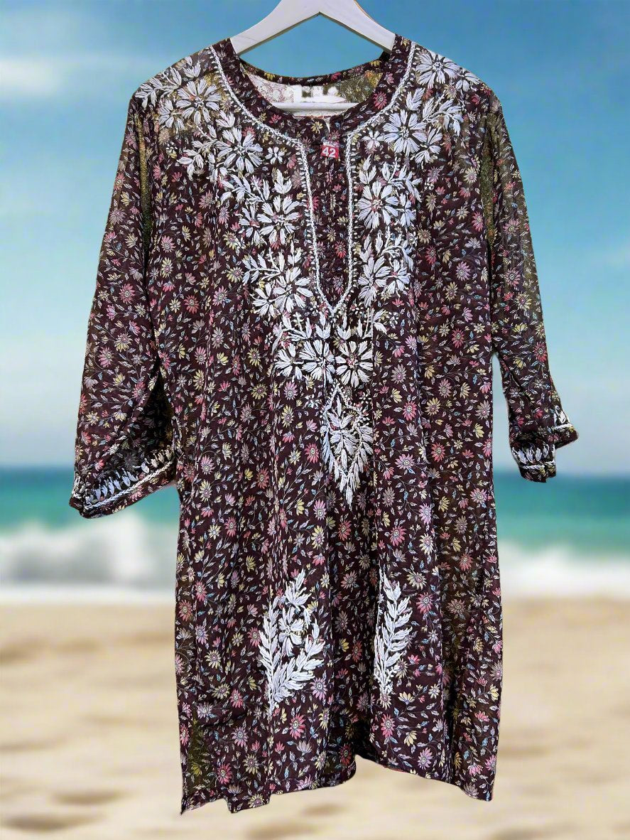 Chikankari Printed Heavy Floral - Short Kurti/Shirt/Top - Georgette - Ghass Patti work