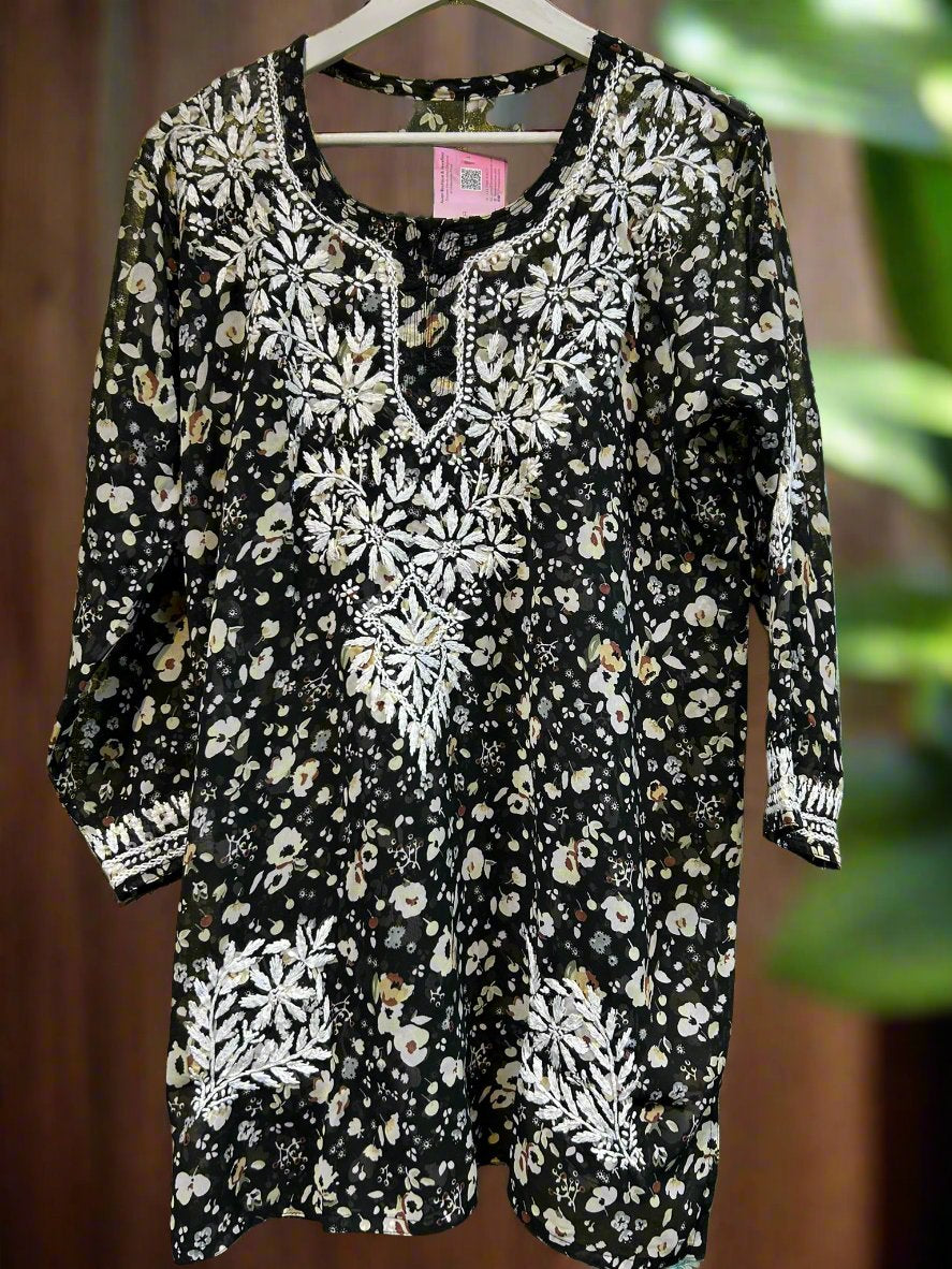 Chikankari Printed Gentle Floral - Short Kurti/Shirt/Top - Georgette - Ghass Patti work
