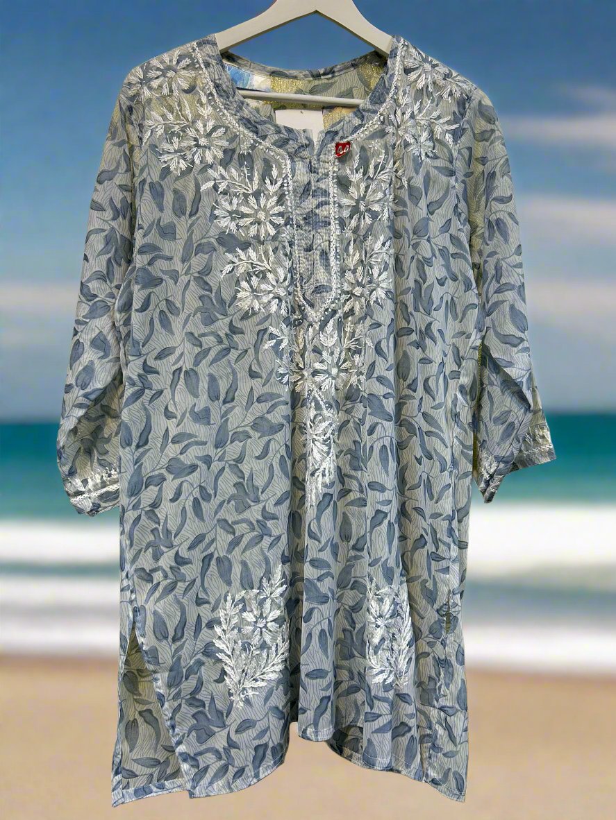 Chikankari Printed Leaves Short Kurti/Shirt/Top - Georgette - Ghass Patti work
