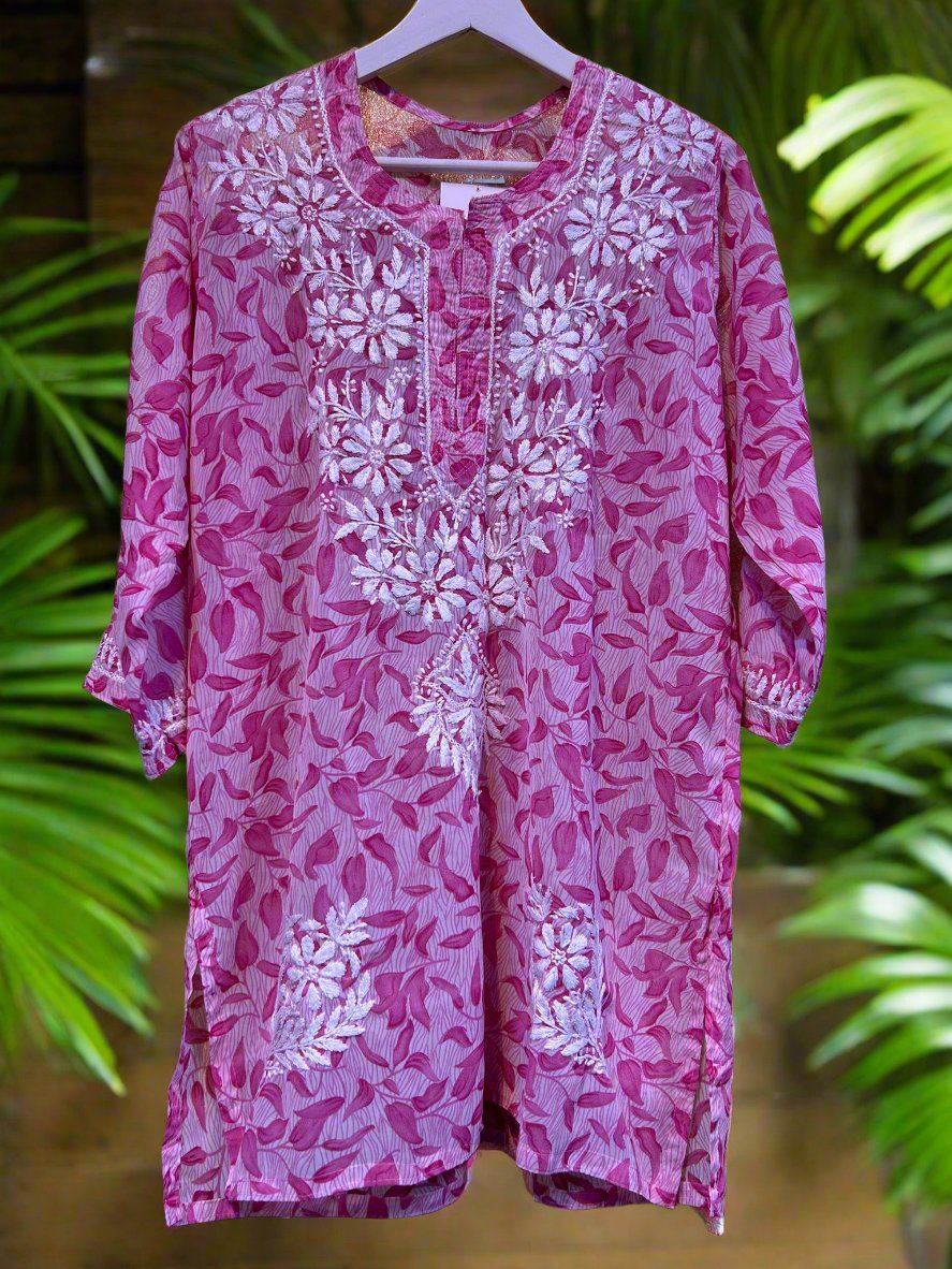 Chikankari Printed Leaves Short Kurti/Shirt/Top - Georgette - Ghass Patti work