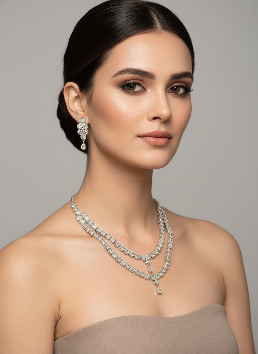 party wear Regal Majesty Double Layer AD Necklace and Earrings Set