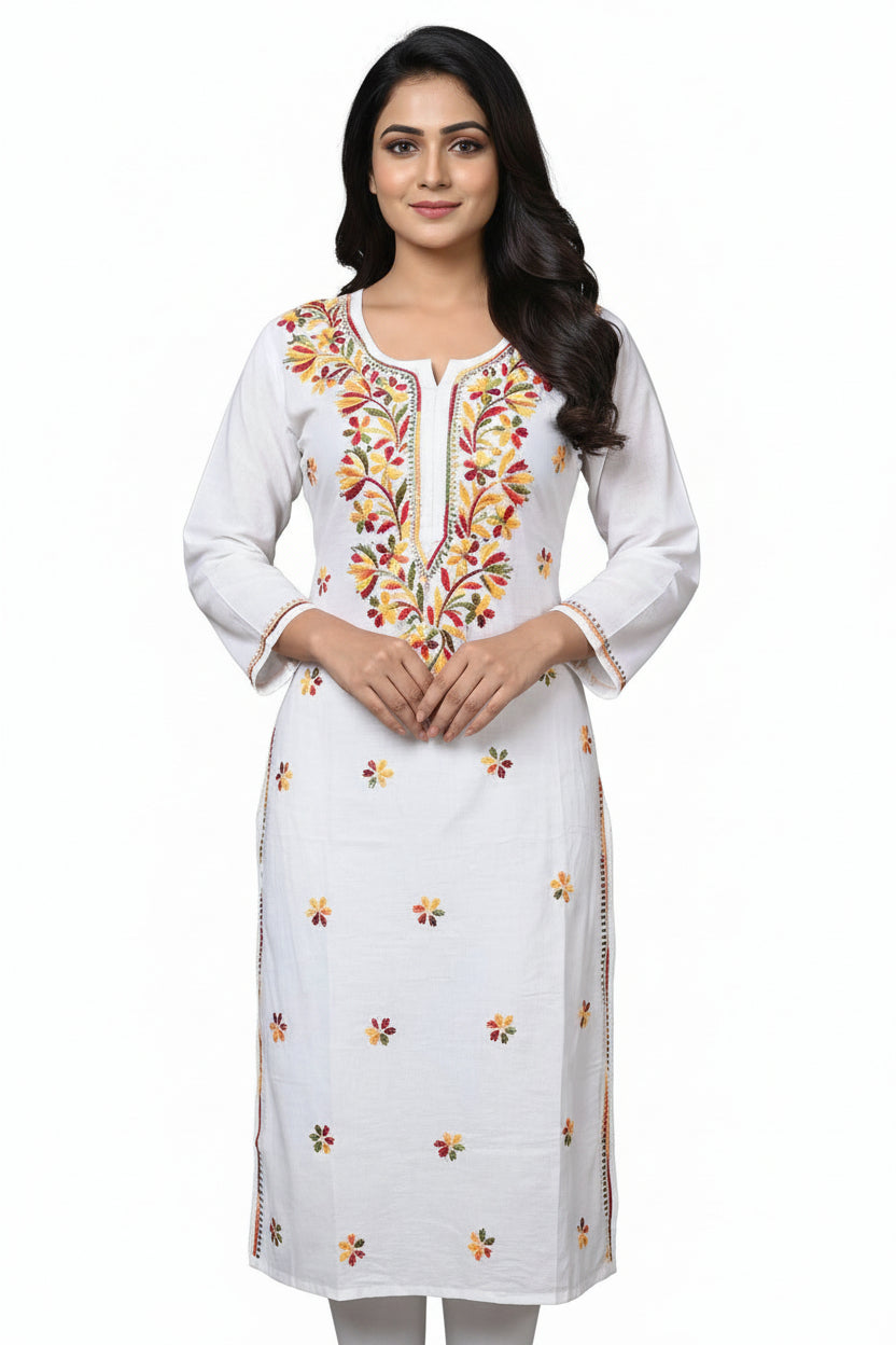 White Chanderi Silk Long Kurti with Multi-Thread Embroidery London