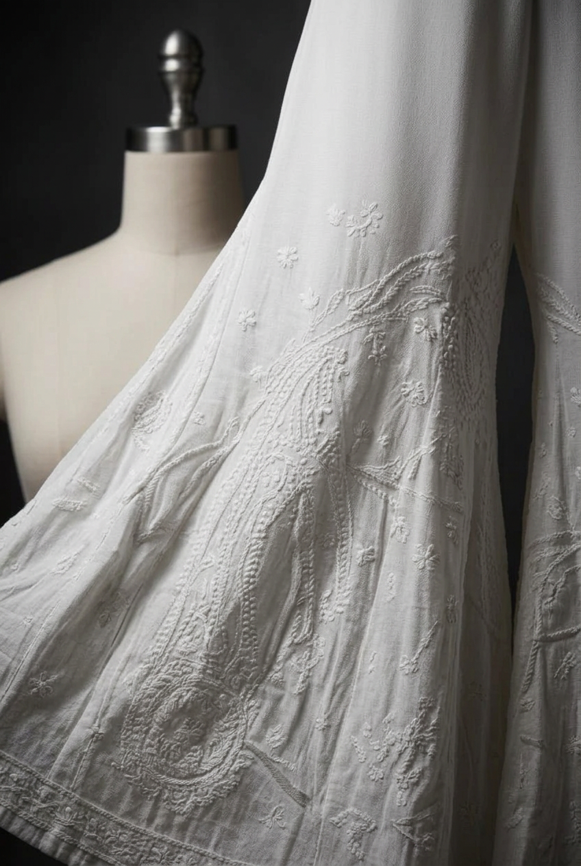 Close-up of white-on-white floral and paisley embroidery on Ivory Reverie sharara trousers.