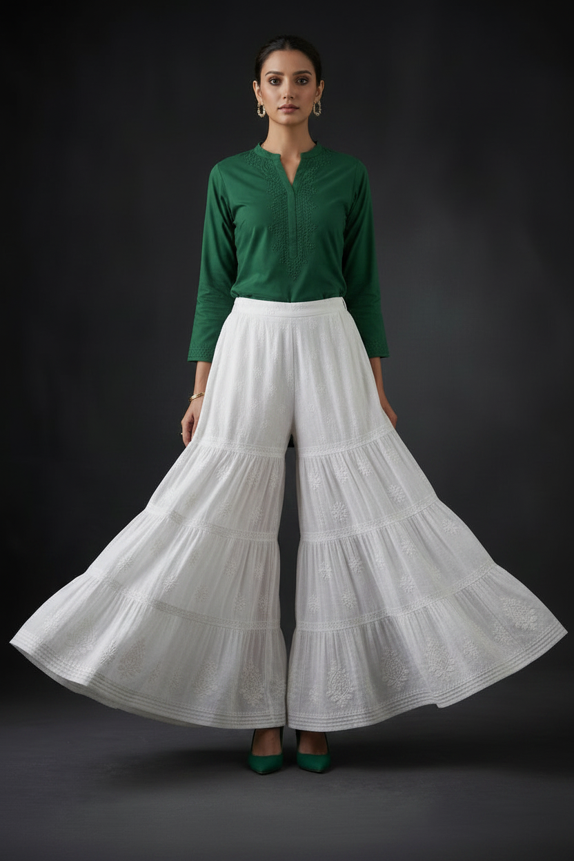 The Ivory Heritage 4-Tier Hand-Embroidered Chikankari Sharara