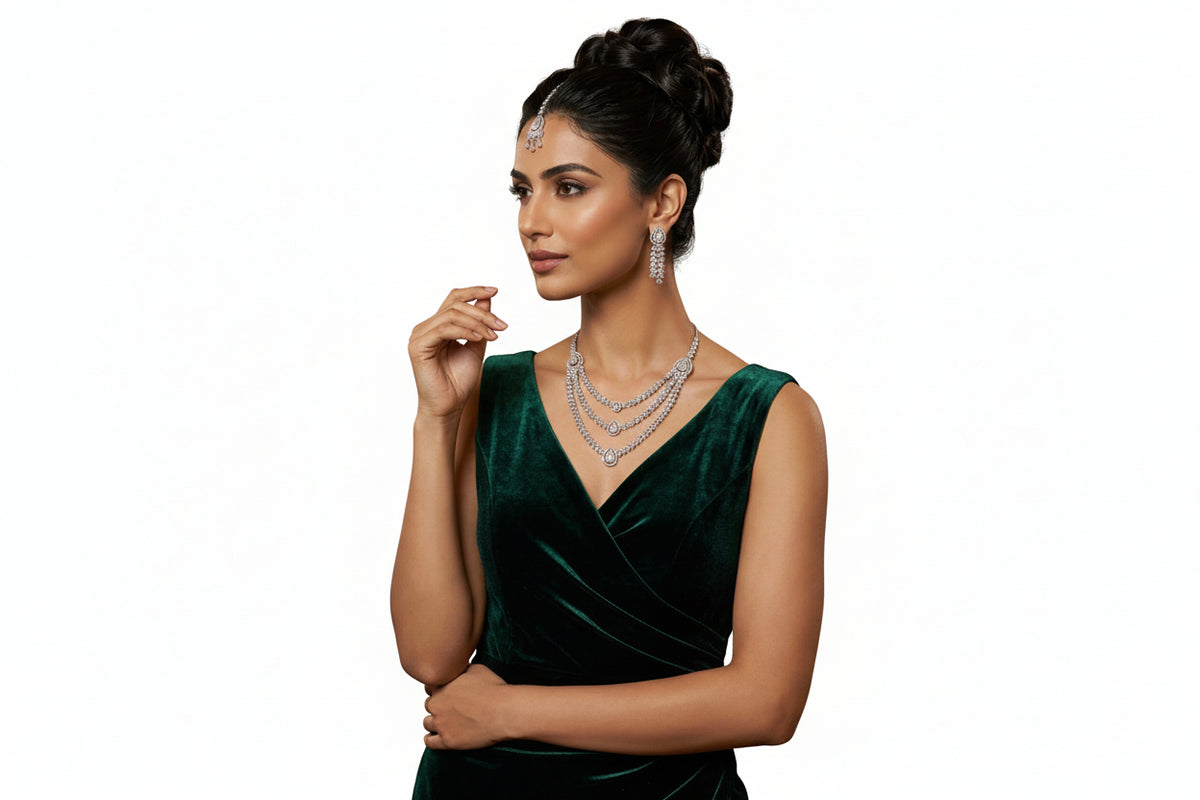 White Stone American Diamond Bridal Set with Maang Tikka