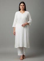 White colour rayon fabric UK 5XL plus size chikankari kurti with white thread embroidery.