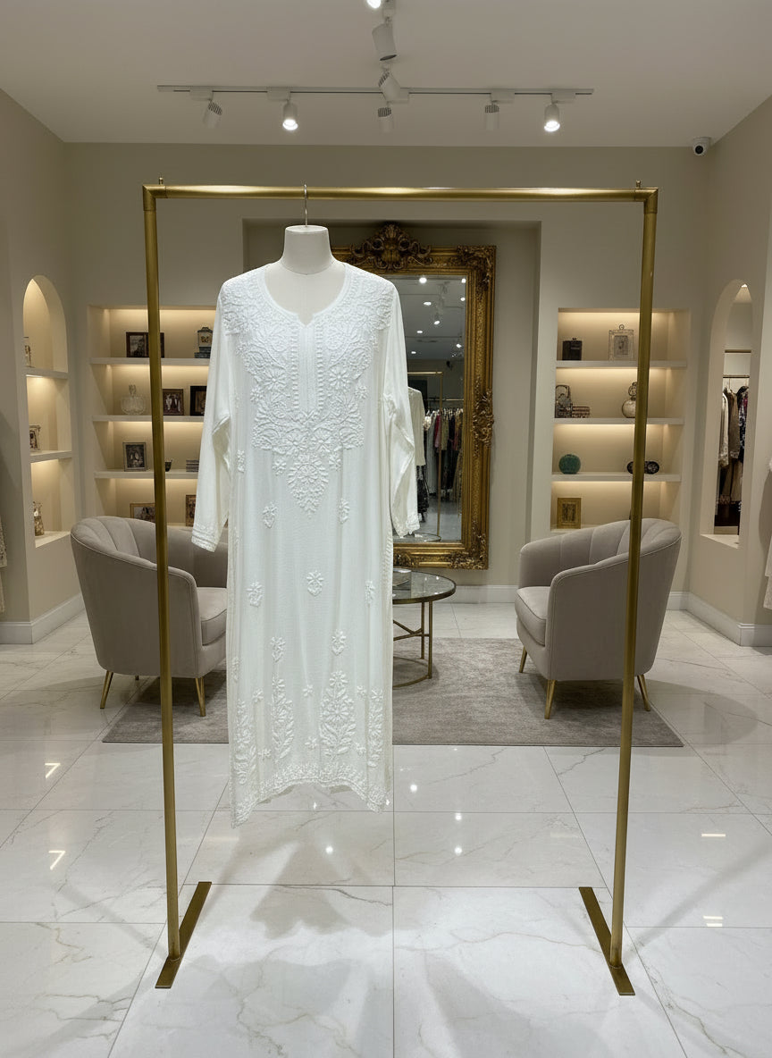 White colour rayon fabric plus size kurti with white thread chikankari embroidery on the kurti.