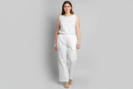 White colour stretchable cotton plus size trousers with pockets on both sides and handmade embroidery on the bottom front and back side.
