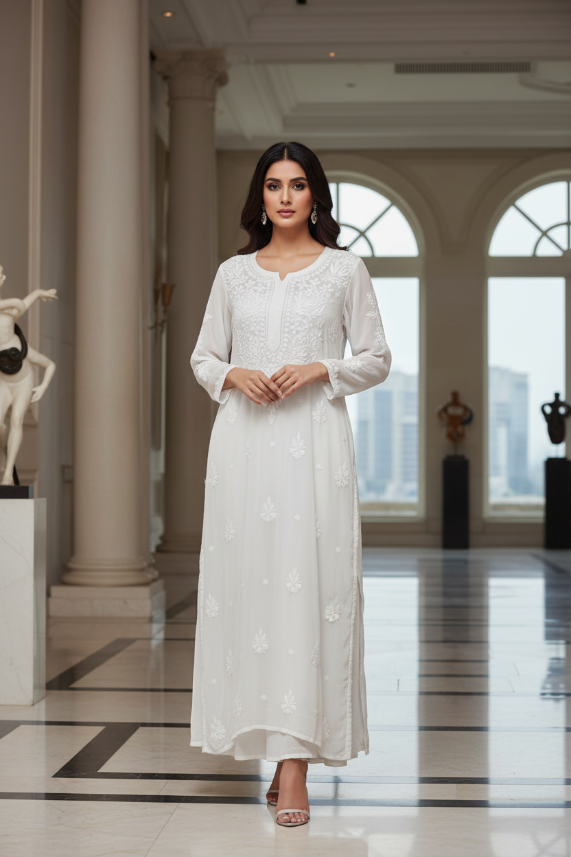 A woman modeling a long white embroidered kurta in a grand, elegant hall with columns and arched windows.