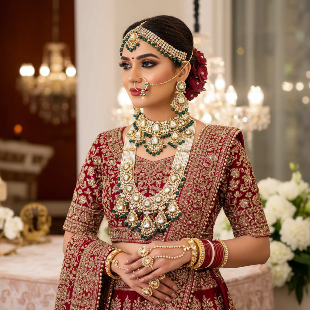 White kundan and green stones Golden choker necklace and long mala full 9 pcs bridal set by famaza couture