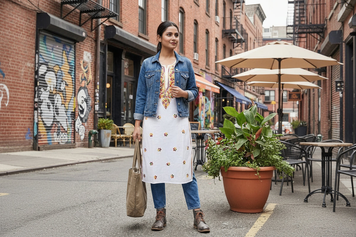 Woman in a floral dress with a denim jacket walking on a city street.
