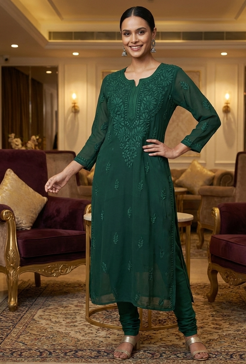 Woman in a green dress standing in an elegant room with purple sofas and gold accents.