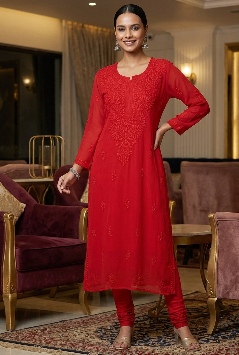 Woman in a red dress standing in an elegant room with purple chairs.