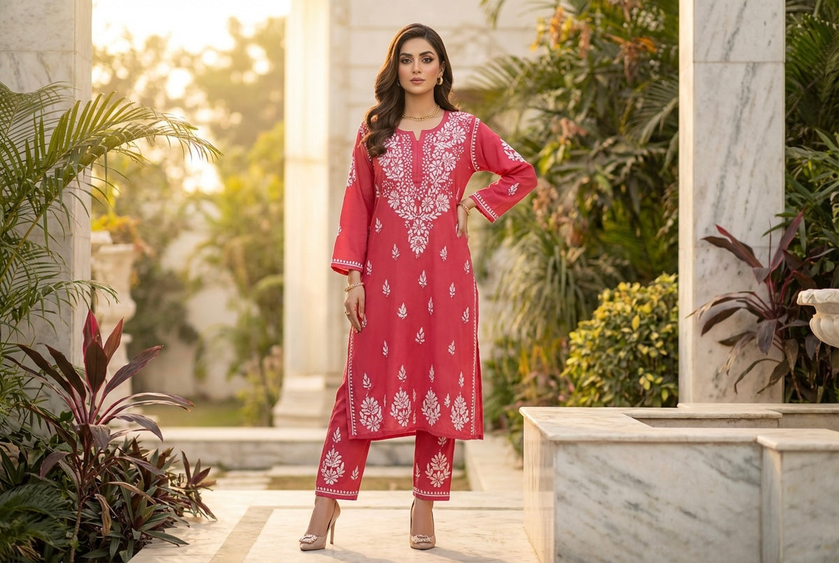 Woman in a red embroidered outfit standing in an outdoor setting with plants and architecture.