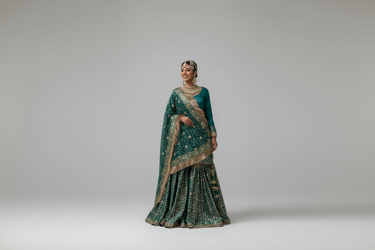 Woman in a traditional outfit standing on a grassy field with trees in the background