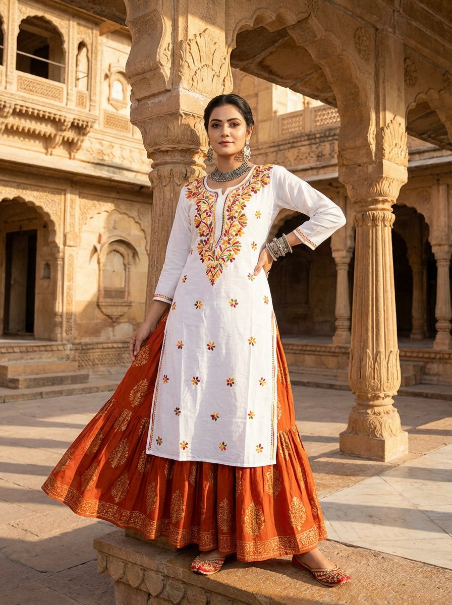 Woman in a white and orange traditional outfit standing in an architectural setting.