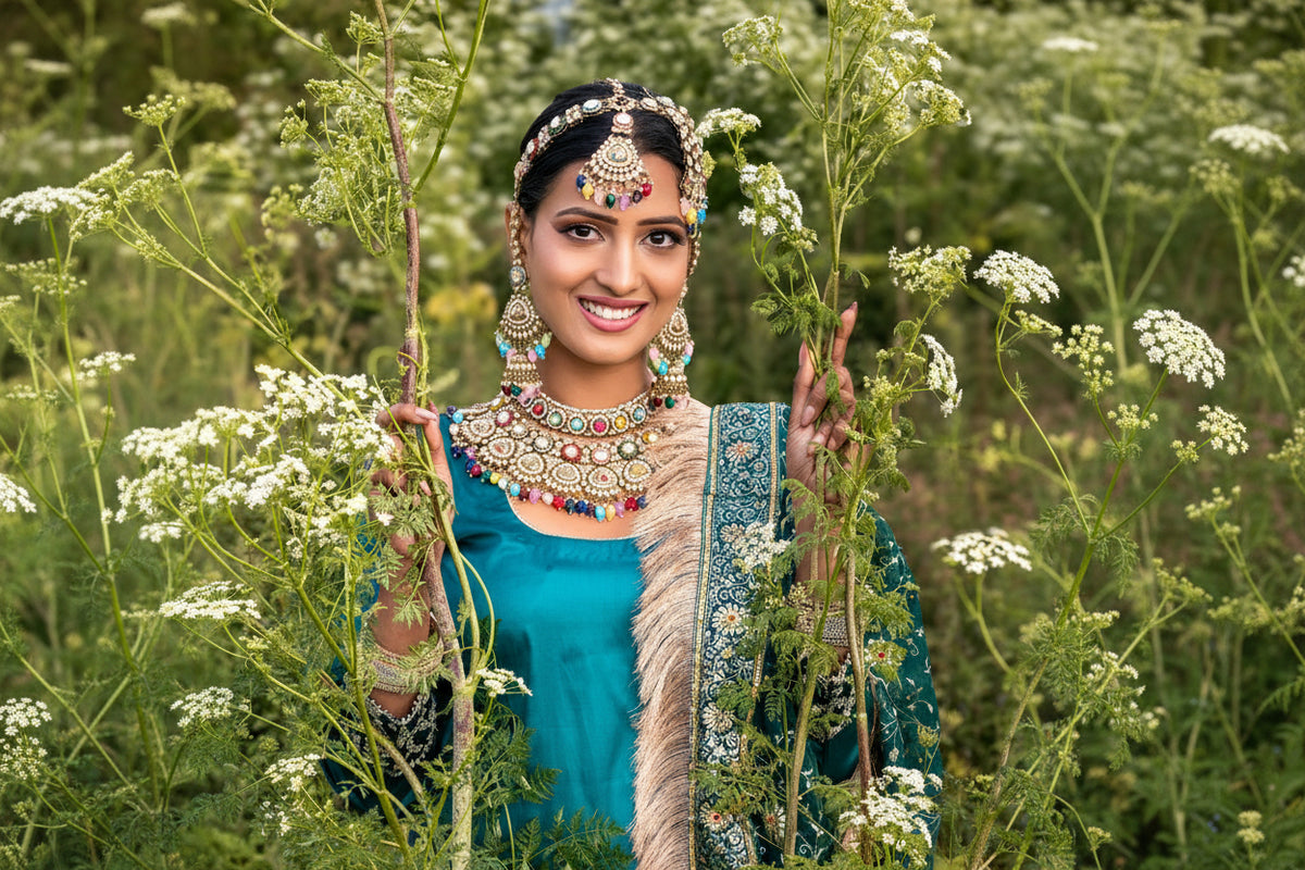 Woman in traditional attire holding plants in a natural setting