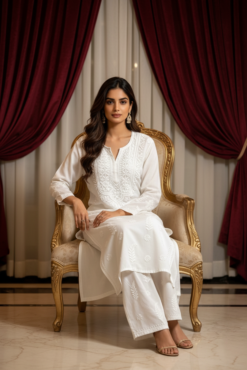 Side angle view of the elegant premium white 2-piece Lucknowi Chikankari co-ord dress showing its fluid drape and regular fit