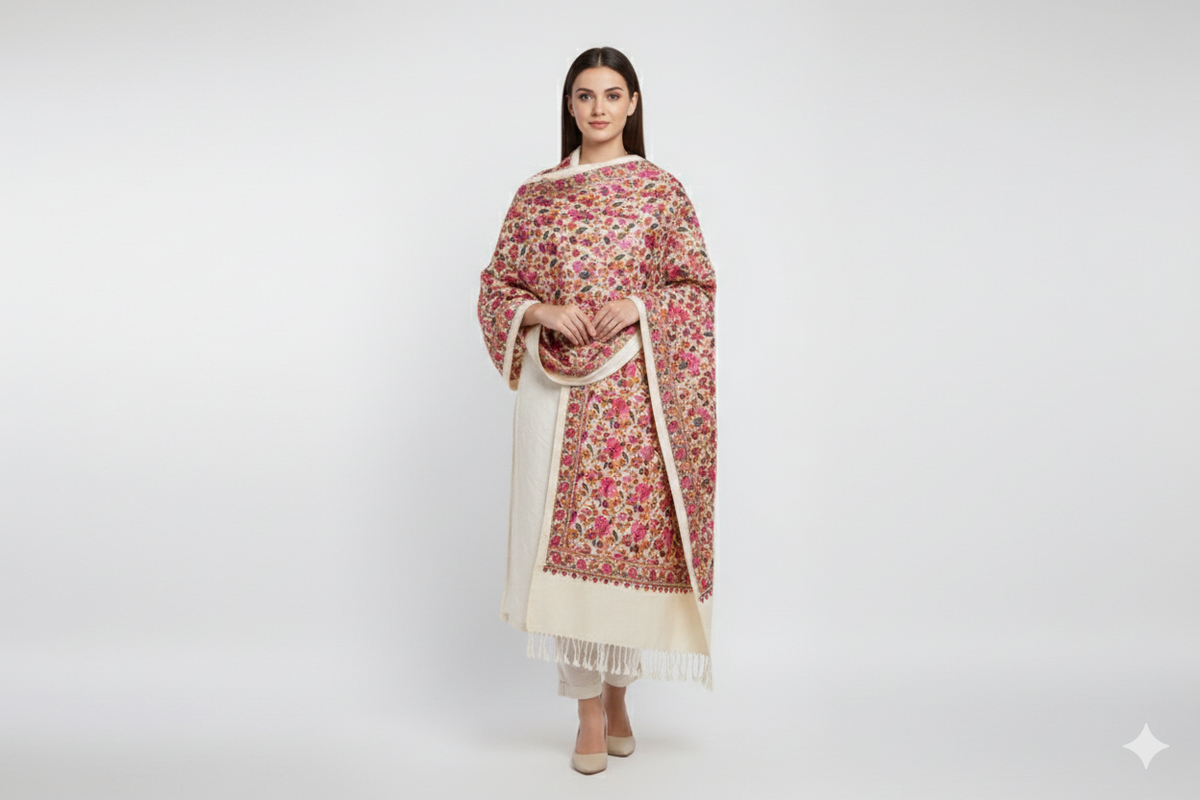 Woman wearing a floral shawl with a white background