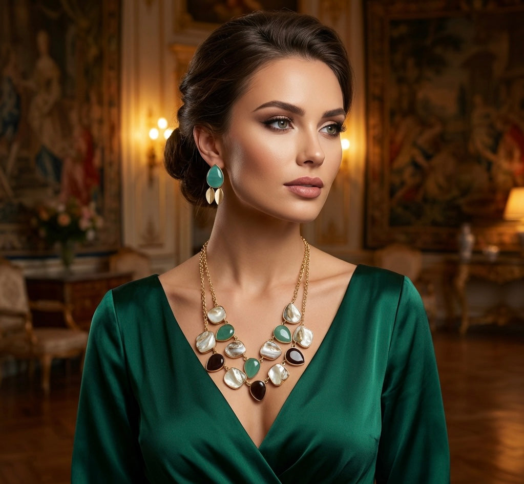 Woman wearing a green dress and jewelry in an elegant indoor setting