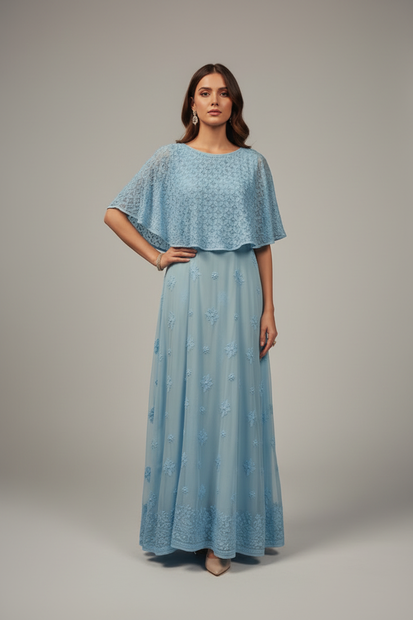 Handmade-Chikankari-Cape-Dress-Luxury-Viscose-sky blue