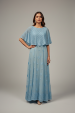 Handmade-Chikankari-Cape-Dress-Luxury-Viscose-sky blue