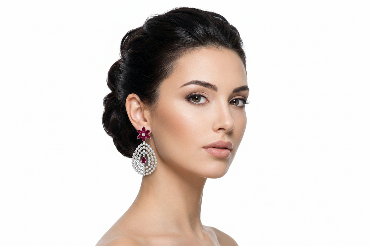 Woman wearing earrings with a white background