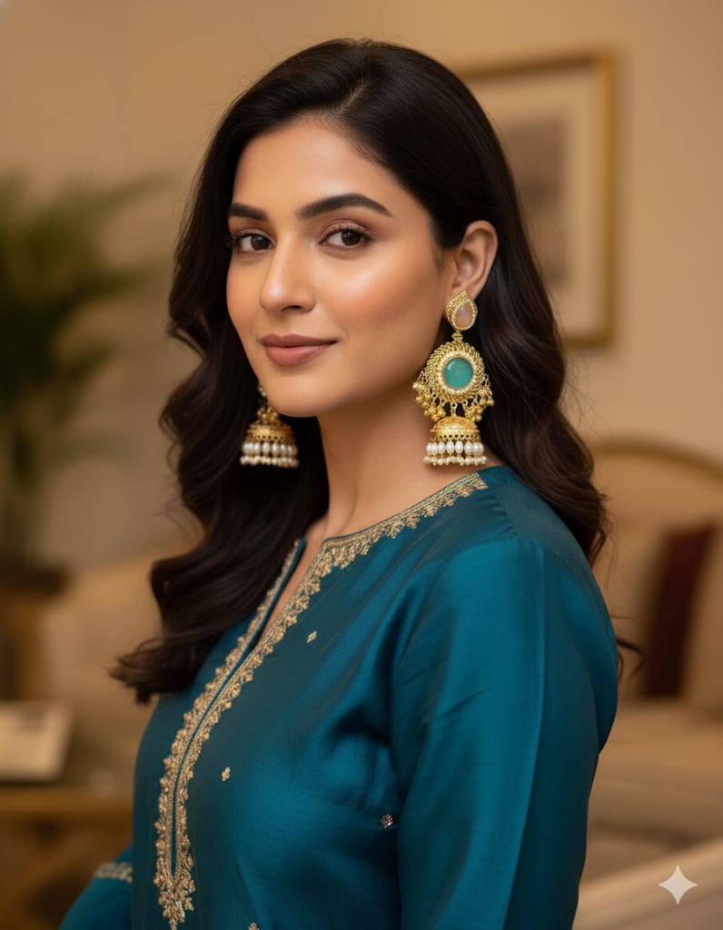 Woman wearing a teal traditional outfit with gold embroidery and large earrings.