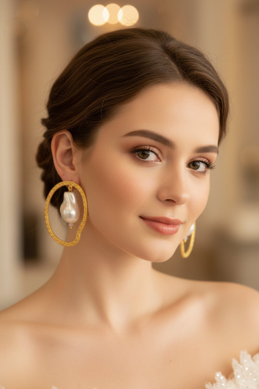 Woman wearing gold hoop earrings with mother of pearls hanging freely in the middle of the hoop