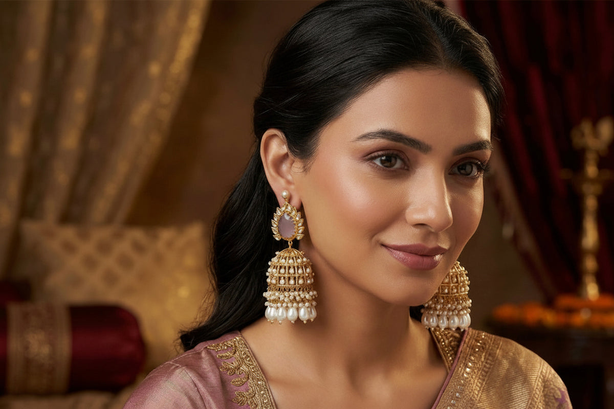 Woman wearing large, ornate earrings in a warm-toned interior setting