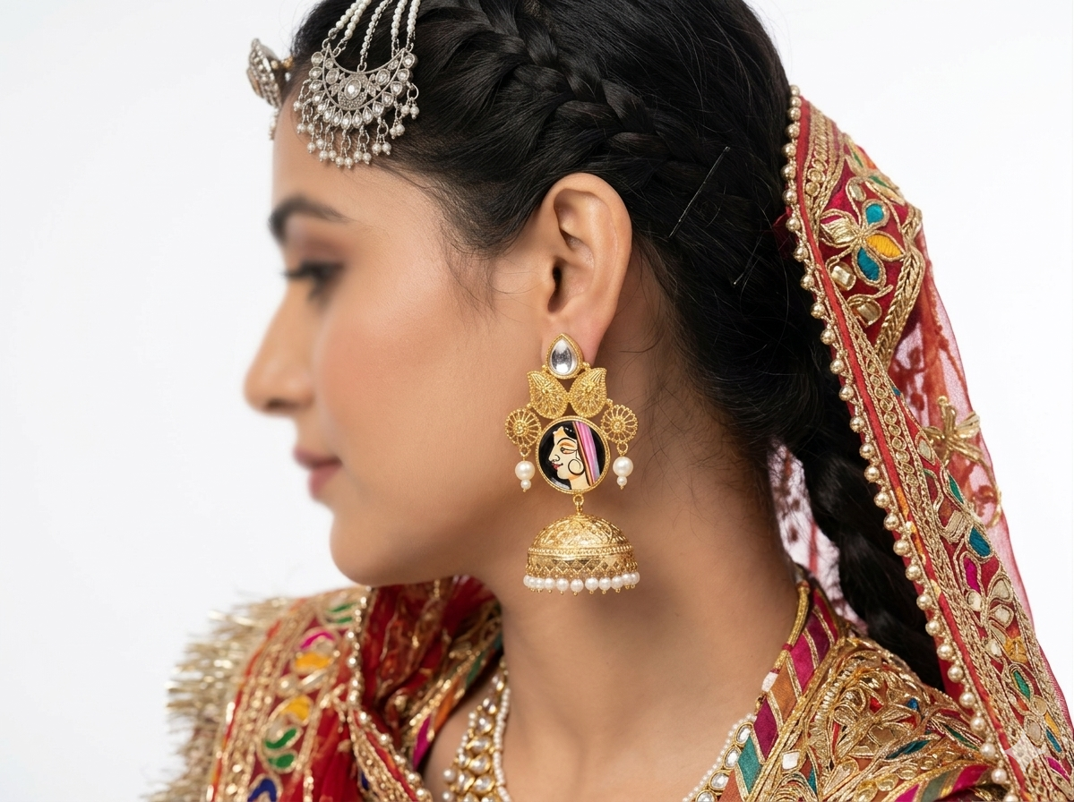Woman wearing traditional Indian jewelry including earrings and a headpiece on a white background