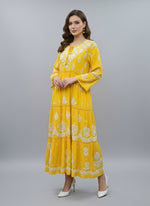 Yellow Colour Hand-Embroidered Long multi layered Flared Dress full front view-Luxury Chikankari by Famaza Couture London