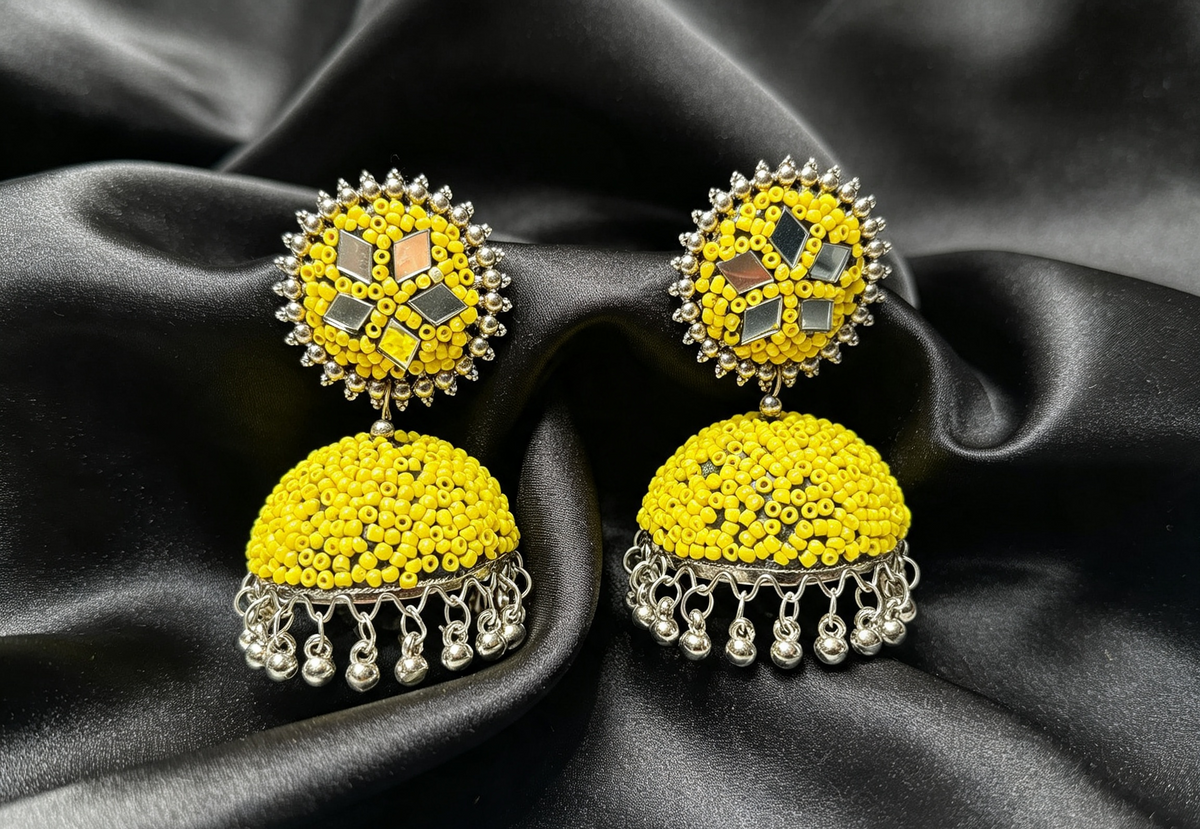 Yellow Mirror Work Beaded Jhumka Earrings on Black Satin — 3.5cm Stud, 7cm Drop, 4cm Width — Handcrafted Ethnic Jewelry with Silver Accents.