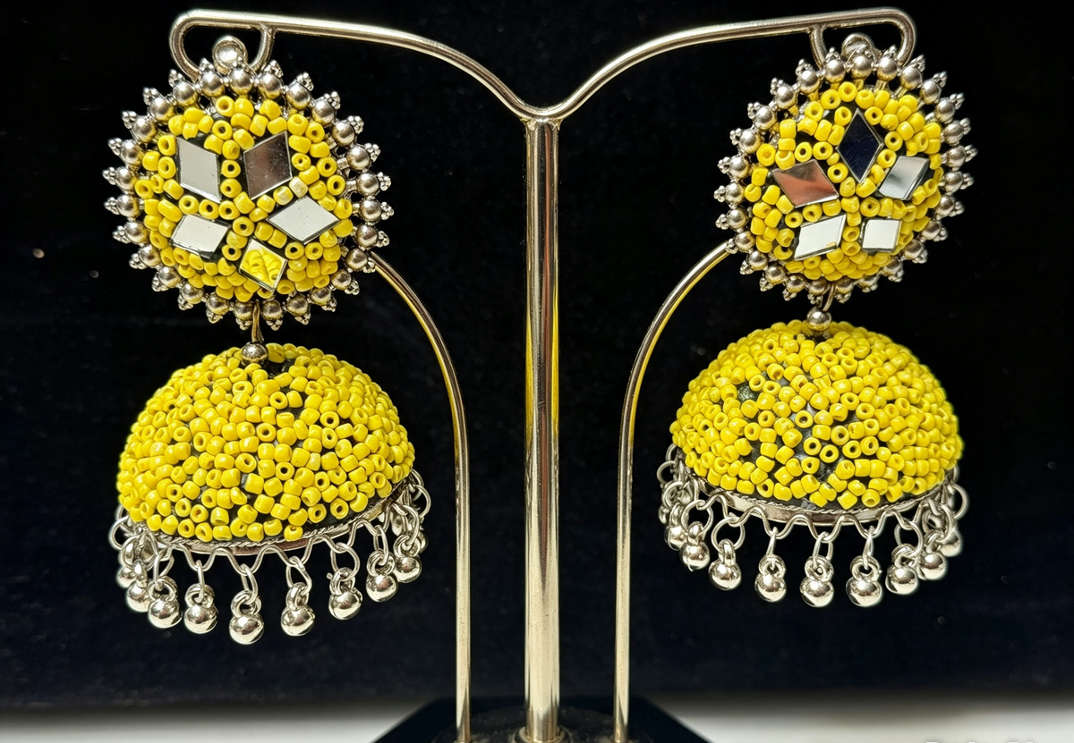 Yellow Mirror Work Beaded Jhumka Earrings — Handcrafted Ethnic Jewelry with Silver Accents .