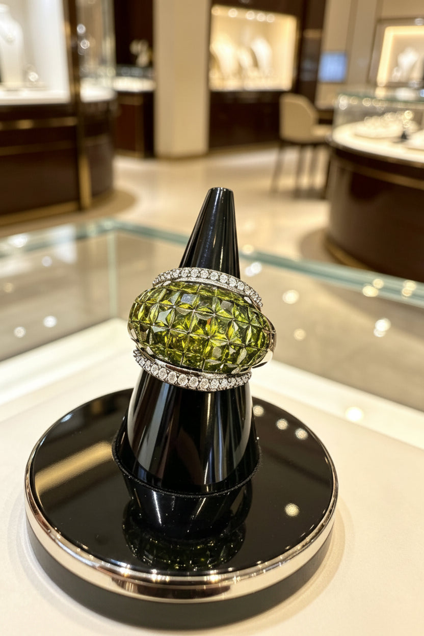 Verdant Crystal Cocktail Ring displayed upright on a sleek black cone stand inside a luxury jewelry store.