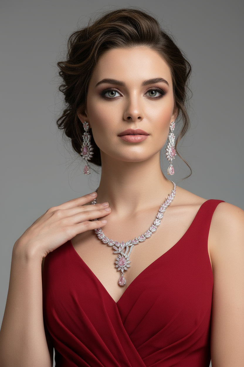 a rhodium plated brass jewellery necklace and pear drop earrings with American diamond and semi-precious stones by famaza couture