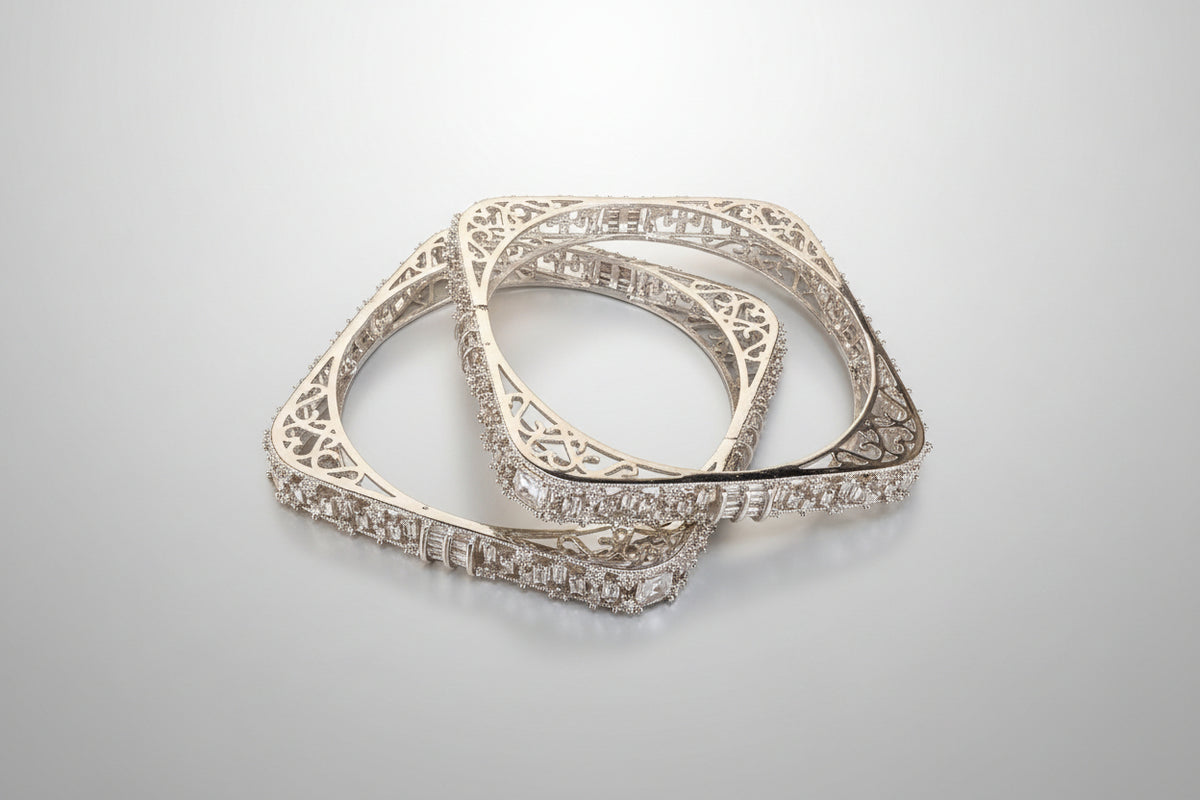 Handcrafted Square Cut American Diamond Bangles in Silver