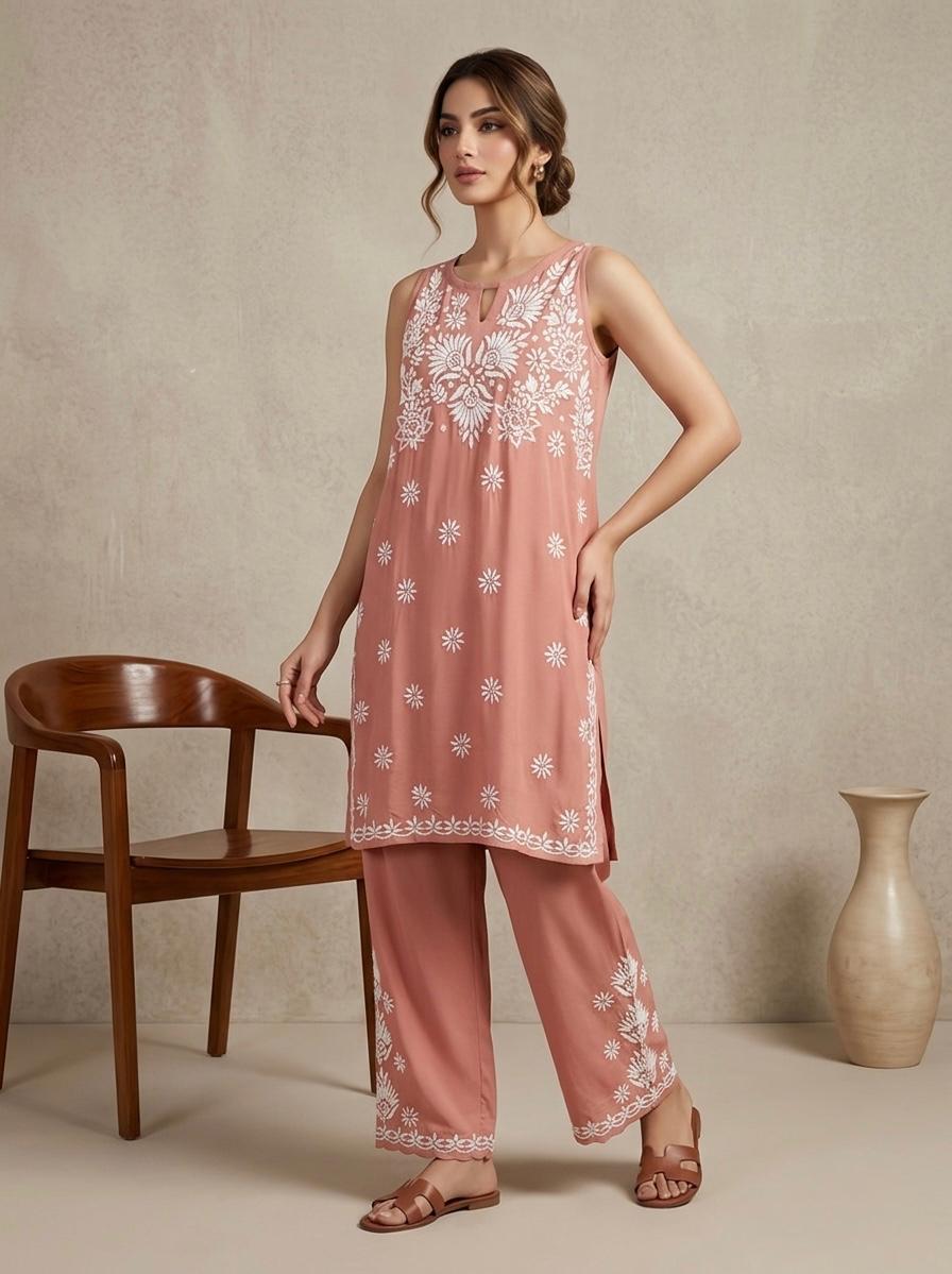 Woman wearing a dust pink embroidered outfit with a wooden chair and vase in the background
