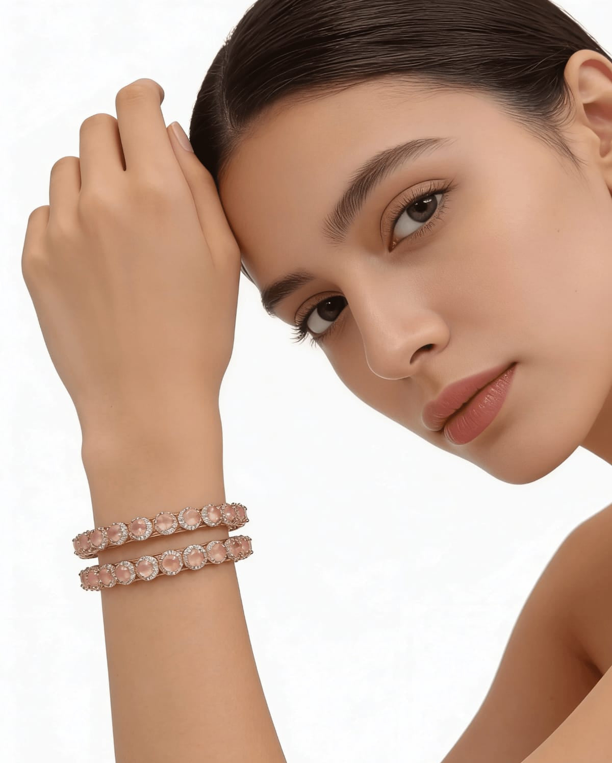 Close-up of Famaza American Diamond Bangles with silver plating and CZ stones.