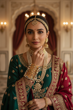 A woman wearing traditional Indian bridal jewelry and a green and red embroidered sari, posed in front of an ornate interior background with warm lighting.