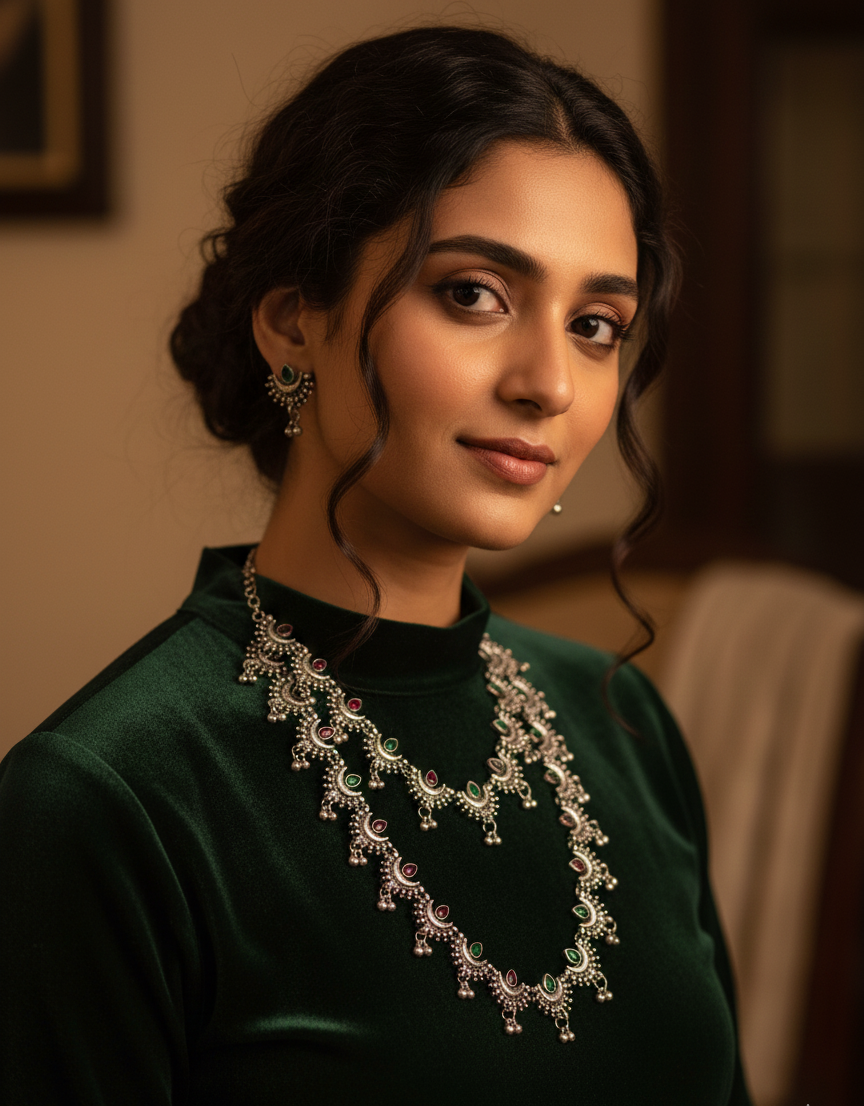 Antique silver green stone jewellery set for women – party wear and bridal jewellery by Famaza Couture UK