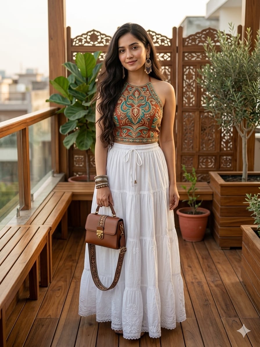 White premium rayon skirt with dense ghasspati work on bottom two flare layers