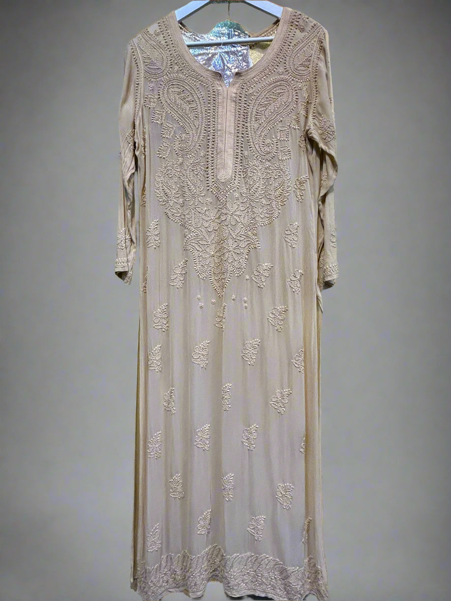 beige chikankari viscose long kurti