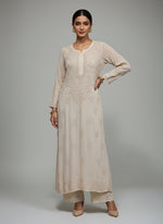 beige chikankari viscose long kurti